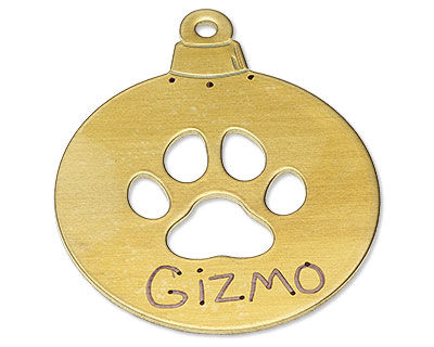 Ornament with the word "Gizmo" etched into it.